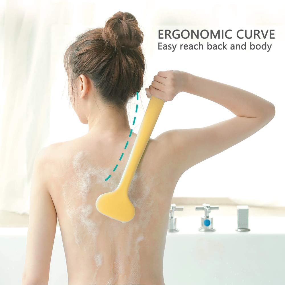 Upgraded Bath Body Brush with Comfy Bristles Long Handle Gentle Exfoliation Improve Skin's Health and Beauty Bath Shower Wet or Dry Brushing Body Brush (14 inch, Gold)