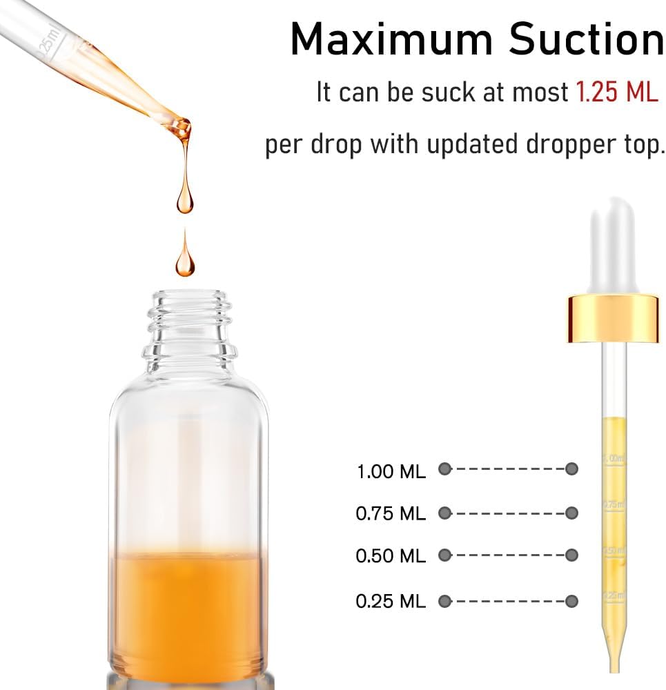 Glass Bottle with Dropper, 4 oz Clear Golden Cap Eye Dropper Bottle for Essential Oils with Labels and Funnel, 2 Pcs Empty Tincture Bottles with Unbreakable Plastic Eye Dropper with Measurements