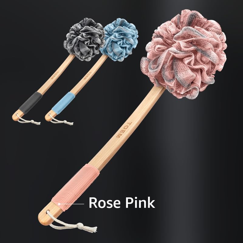 Loofah Back Scrubber for Shower | Bamboo Charcoal Fiber Infused | Loufas for Men & Women | Includes 1 Long Handled Shower Sponge, 1 Bath & Shower Luffa Pouf & 1 Hook to Hang Stuff (Rose Pink)