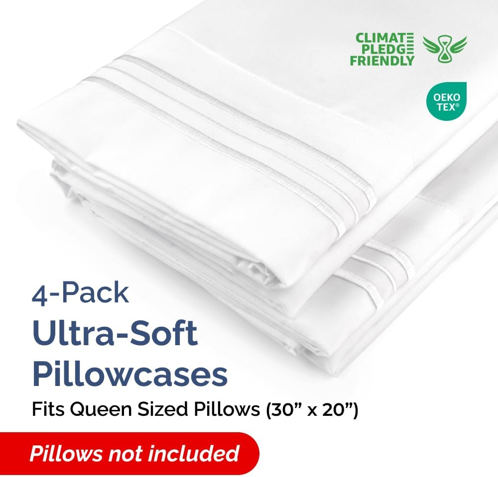 Queen Pillow Cases Set of 4 - Ultra Soft Hotel Quality Pillowcase Covers - Comfy, Cozy & Wrinkle Free - Shrinkage, Stain and Fade Resistant - Machine Washable Pillow Protectors - 4 Piece Set - White