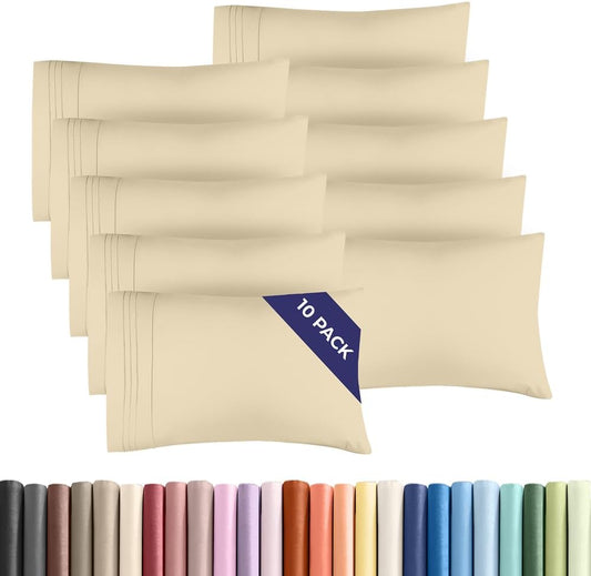 Queen Pillow Cases Set of 10 - Ultra Soft Hotel Quality Pillowcase Covers - Comfy & Wrinkle Free - Shrink, Stain and Fade Resistant - Easy-Care, Machine Washable Pillow Protectors - 10 Pcs Set - Cream