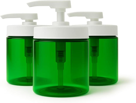Royal Massage 16oz Refillable Pump Jar with Locking Dip Tube Dispenser – BPA-Free Plastic Container for Massage Oils, Lotions, Creams – Ribbed Lid Wide-Mouth Jar – Durable & Reusable (Green/White, 3)