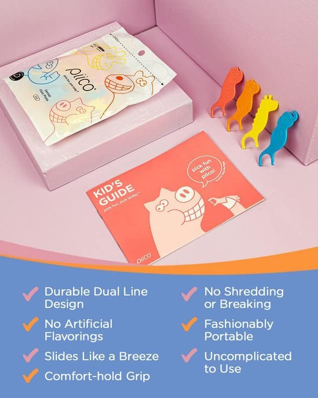 Piico Unflavored Kids Floss - No Fluoride Dual Line Dental Floss Picks - Fun Oral Care in Colorful Floss Sticks Design - Flossers Prevent Tooth Decay & Gum Disease - 300 Playground Zoo & Travel Case