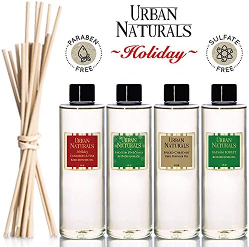 Urban Naturals Autumn Night Reed Diffuser Refill Oil with Free Set of Reed Sticks. Woodsy Fall Scent – Cinnamon, Nutmeg, Clove, Apple, Cedar & Sandalwood, 4 oz