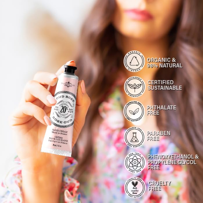 La Chatelaine 20% Shea Butter Hand Cream Travel Size, New Scent, Organic Argan Oil, Moisturizing, Nourishing, Repairing, Extra-Rich Hand Lotion, Made in France, Paraben Free, 1 oz / 30ml (Oud Rose)