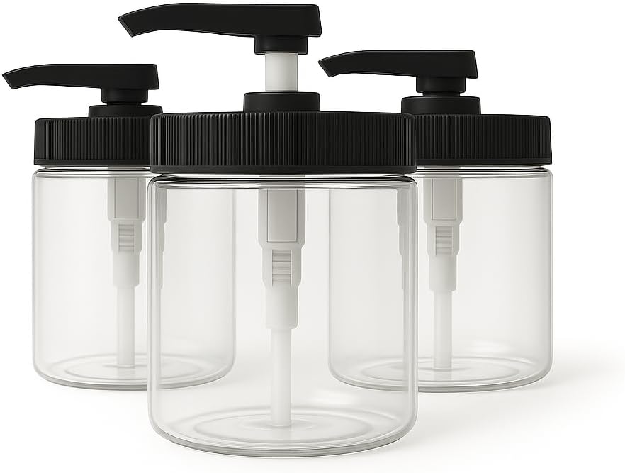 Royal Massage 16oz Refillable Pump Jar with Locking Dip Tube Dispenser – BPA-Free Plastic Container for Massage Oils, Lotions, Creams – Ribbed Lid Wide-Mouth Jar – Durable & Reusable (Clear/Black, 3)