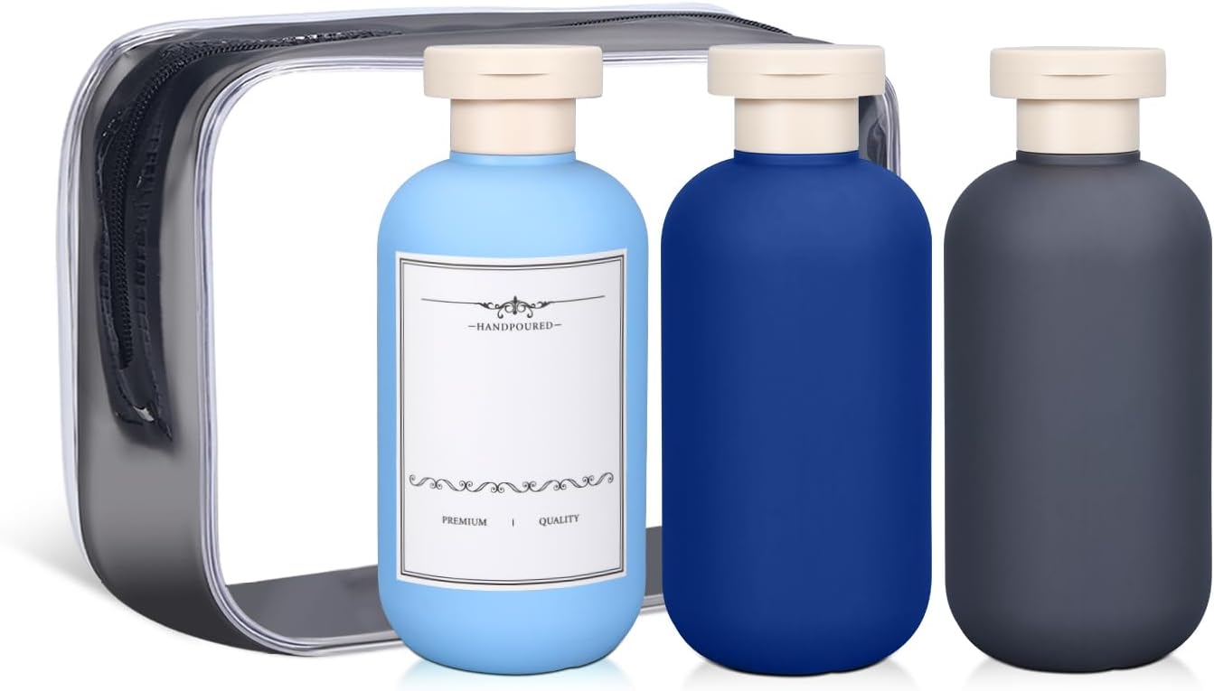 ASEVAT 6.7oz Airtight Plastic Travel Shampoo Bottles, Empty Squeeze Bottle, Refillable Travel Shampoo and Conditioner Bottles, Hand Soap Dispenser for Vacation, Gym, Lotion(Blue+Navy+Grey)