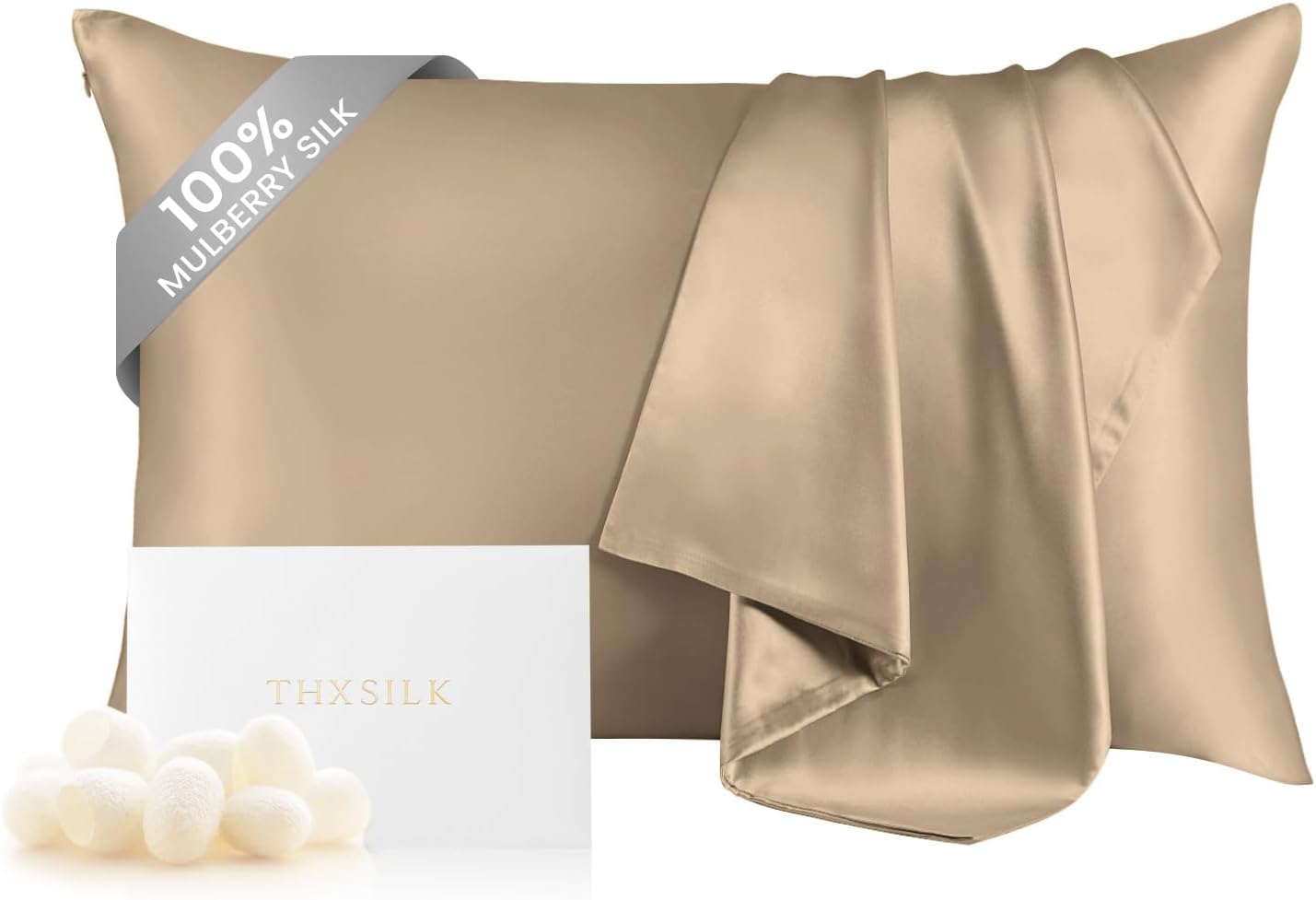 THXSILK 100% Mulberry Silk Pillowcase for Hair and Skin Health, Soft Breathable and Smooth Pillowcase with Hidden Zipper, Both Sides Premium Grade 6A+ Silk, 1pc (Standard 20"x26", Taupe)