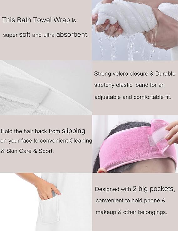 Veseacky Women Bath Wrap Towel for Womens Shower with Pocket Adjustable Spa Robe & Facial Headband