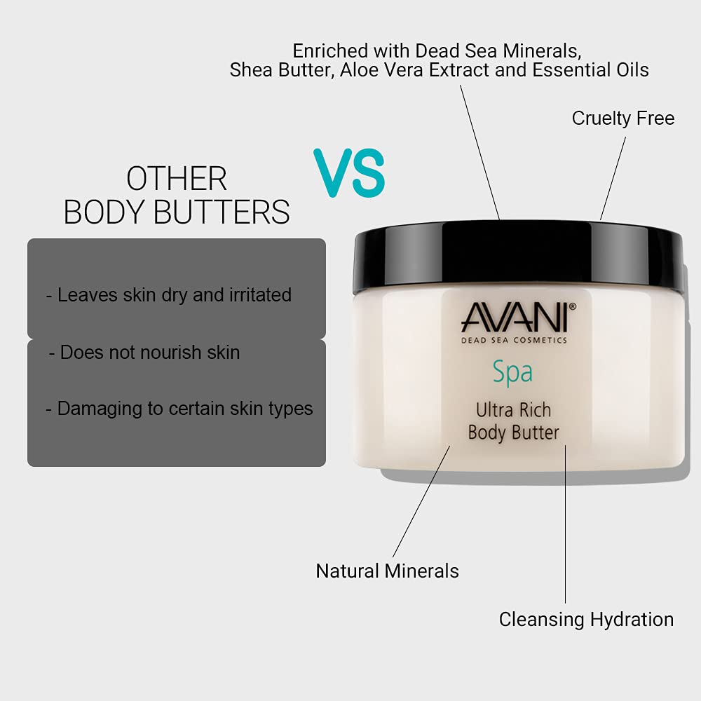 Avani Dead Sea Body Butter – Ultra-Rich Exfoliating & Hydrating Formula with Aloe Vera, Shea, Jojoba, Sunflower & Olive Oils – Suitable for All Skin Types – Vanilla