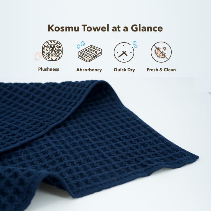 Luxury Japanese Cotton Waffle Bath Towel | Plush, Absorbent, and Quick Dry (Ocean Blue, Hand Towel, 32" x 16")