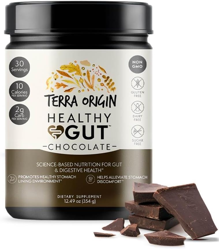 TERRA ORIGIN Healthy Gut Chocolate | 30-Servings with L-Glutamine, Zinc, Glucosamine, Slippery Elm Bark, Marshmallow Root and More!