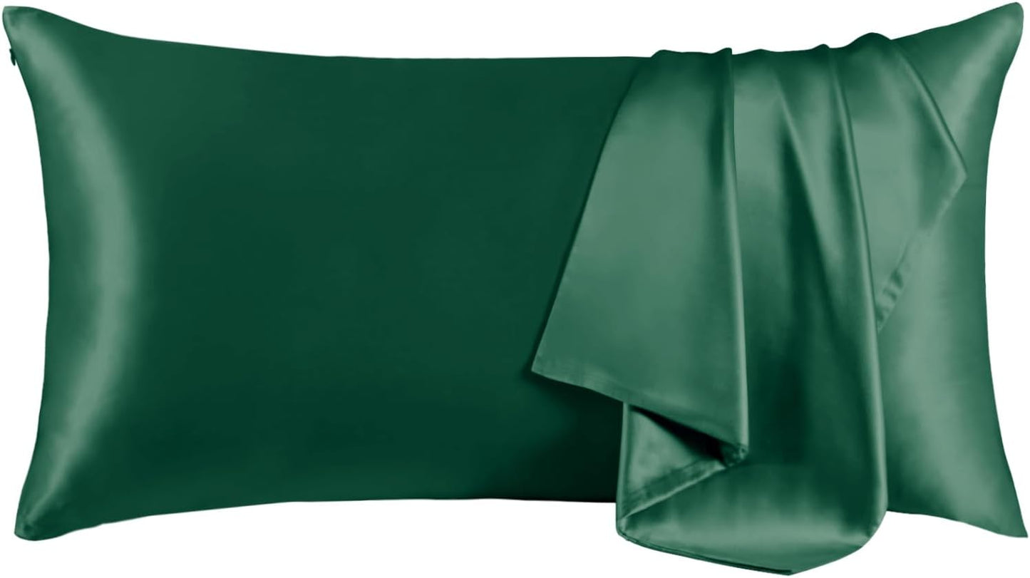 THXSILK Set of 2 100% Mulberry Silk Pillowcase for Hair and Skin, Grade 6A+ Mulberry Silk Pillow Cases Ultra-Soft, Hypoallergenic Pillow Case Cover with Zipper (California King 20"x40", Green)