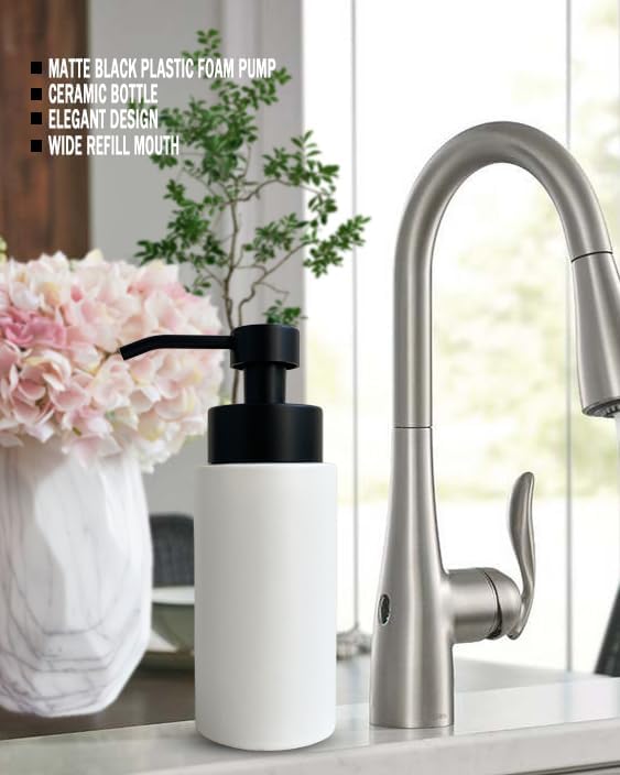 9.5 Oz Foaming Soap Dispenser for Bathroom,Kitchen Foam Soap Dispenser,Refillable Modern Foam Pump Bottle,Black Ceramic Foaming Hand Pump Dispenser (White)