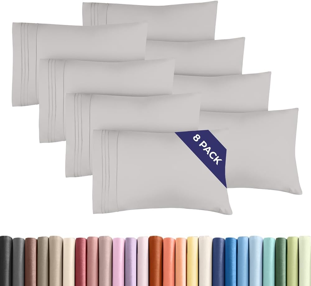 Standard Pillow Cases Set of 8 - Ultra Soft Hotel Quality Pillowcase Covers - Comfy & Wrinkle Free - Shrink, Stain and Fade Resistant - Machine Washable Pillow Protectors - 8 Piece Set - French Grey