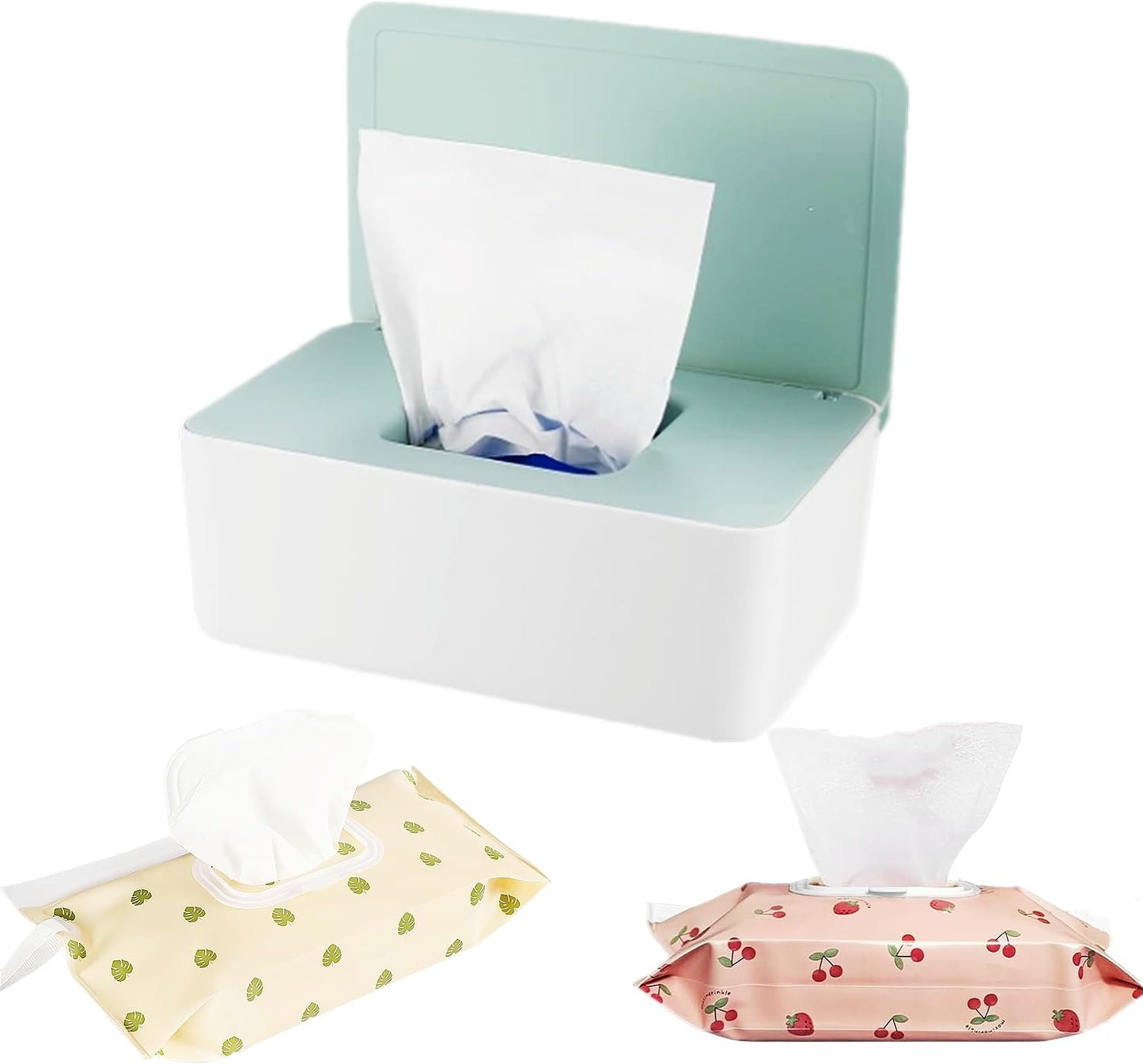 Wipes Dispenser with 2Pcs Portable Refillable Wipe Holder,Reusable Large Wipe Holder Box Flushable Wipes Case Bathroom Wipes Container for Pet Nursery Kitchen Office Counter(White-Green)