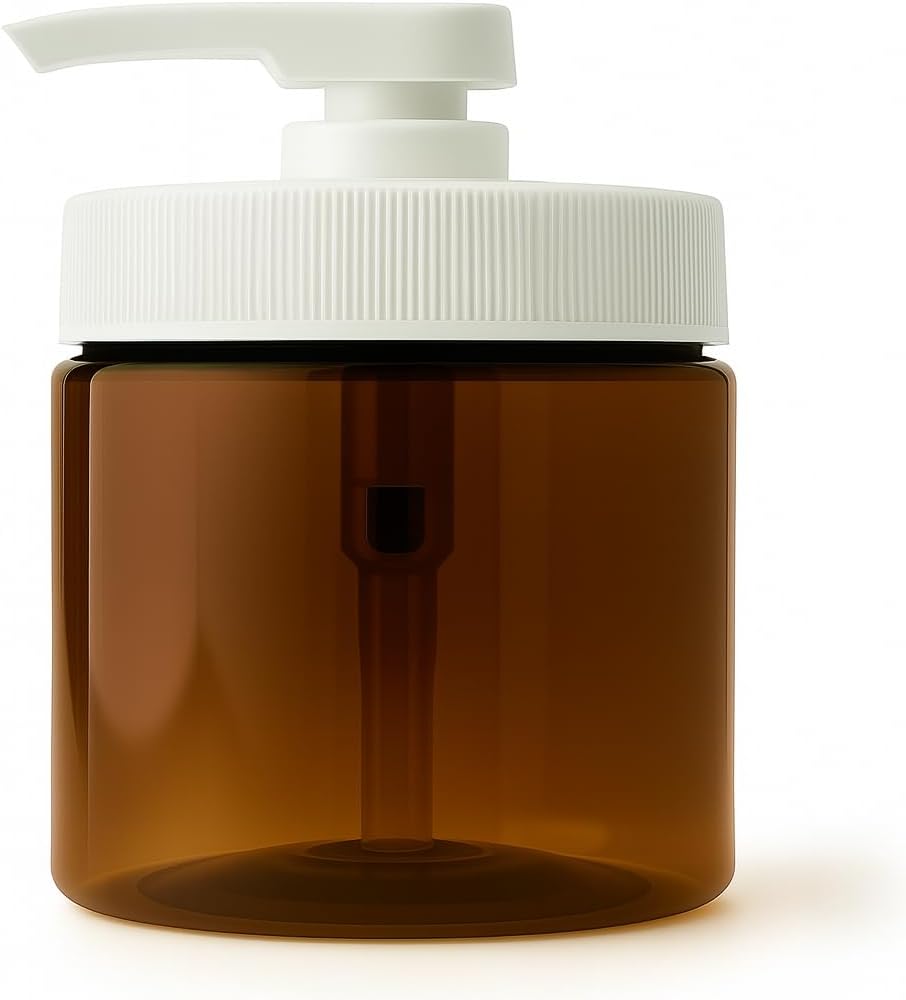 Royal Massage 16oz Refillable Pump Jar with Locking Dip Tube Dispenser – BPA-Free Plastic Container for Massage Oils, Lotions, Creams – Ribbed Lid Wide-Mouth Jar – Durable & Reusable (Amber/White, 3)