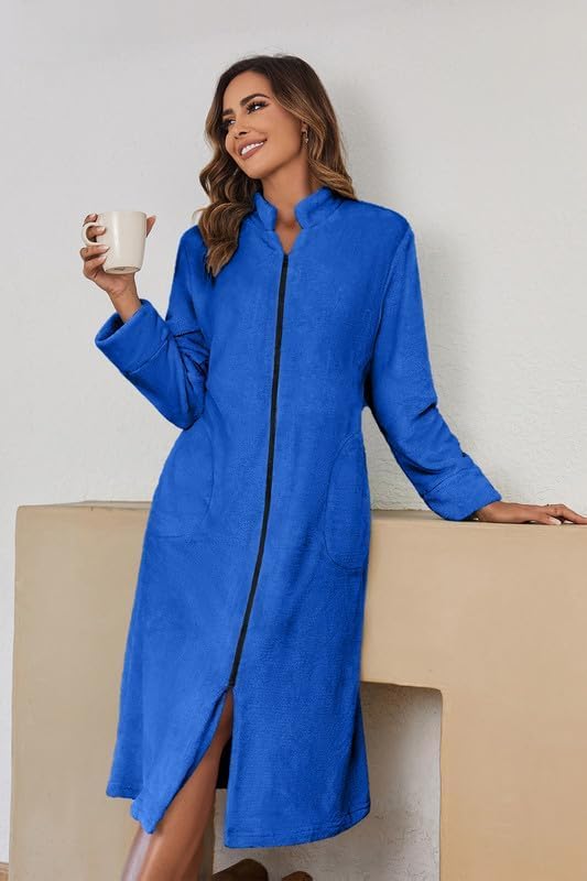 Ekouaer Women's Zip Up Robe Fleece Bathrobe Long Zipper Lounger Warm Housecoat Long Sleeve Nightgown with Pockets S-XXL