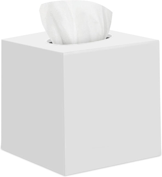White Tissue Box Cover Square - Plastic Facial Tissue Box Holder - Decorative Cube Tissue Holder Dispenser Fits Any Vanity Countertop, Bedroom Dresser, Office, Bathroom Decor