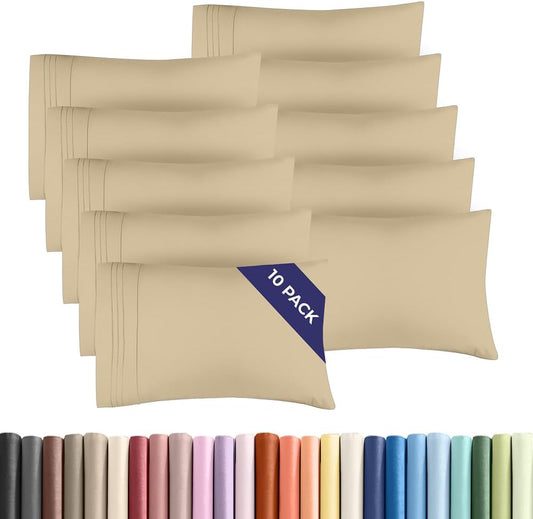 Standard Pillow Cases Set of 10 - Ultra Soft Hotel Quality Pillowcase Covers - Comfy, Cozy & Wrinkle Free - Shrink, Stain and Fade Resistant - Machine Washable Pillow Protectors - 10 Pcs Set - Beige