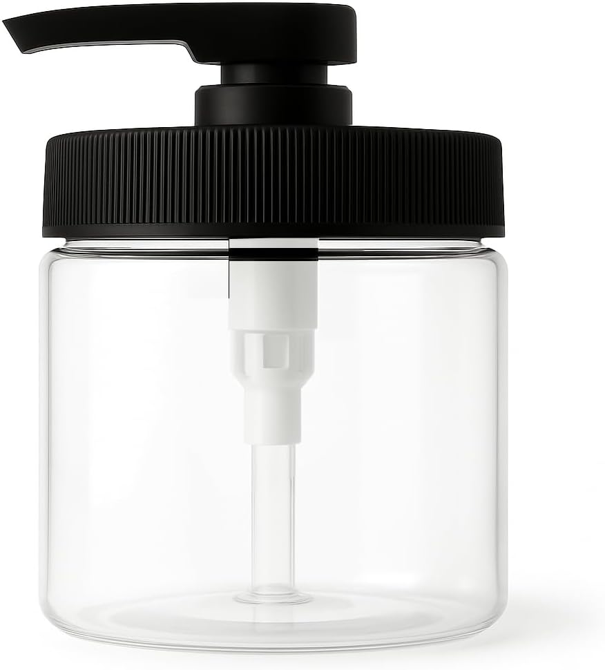 Royal Massage 16oz Refillable Pump Jar with Locking Dip Tube Dispenser – BPA-Free Plastic Container for Massage Oils, Lotions, Creams – Ribbed Lid Wide-Mouth Jar – Durable & Reusable (Clear/Black, 12)