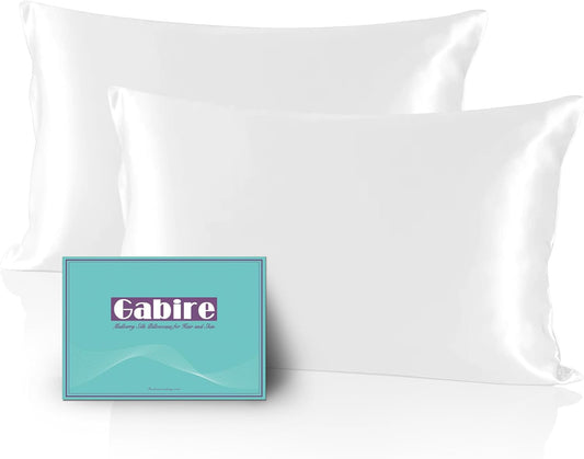 Mulberry Silk Pillow Cases Set of 2, Both Sides Real Silk Pillow Cover for Hair and Skin Prevent Acne Pillowcase Organic Silk Pillowcase 2 Pack with Hidden Zipper, White, Queen (20"×30")