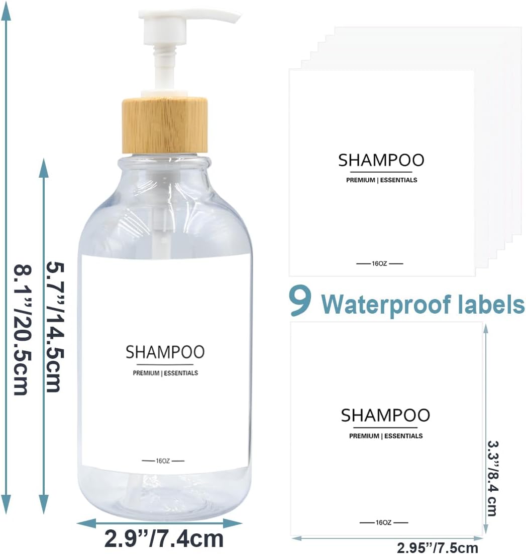 Shower Shampoo and Conditioner Bottles, Apothecary Dispenser Bamboo Pump, Refillable Bottles for Lotion Oil Hand Soap and Dish Soap, Plastic Set (3 Bottles 9 Labels) (3, Clear)