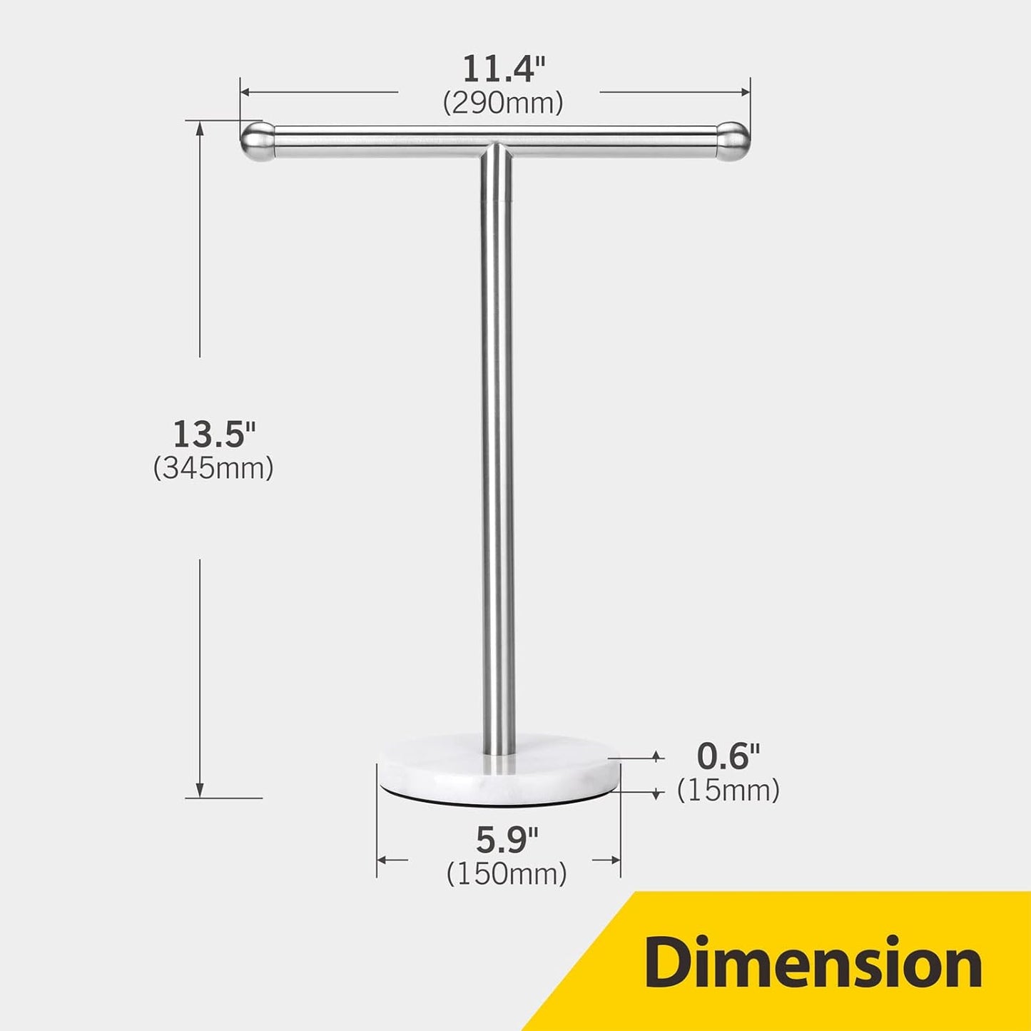 Hand Towel Holder Stand with Heavy Marble Base, T-Shape Towel Rack, Free-Standing for Bathroom Vanity Countertop, 304 Stainless Steel (Brushed Silver)