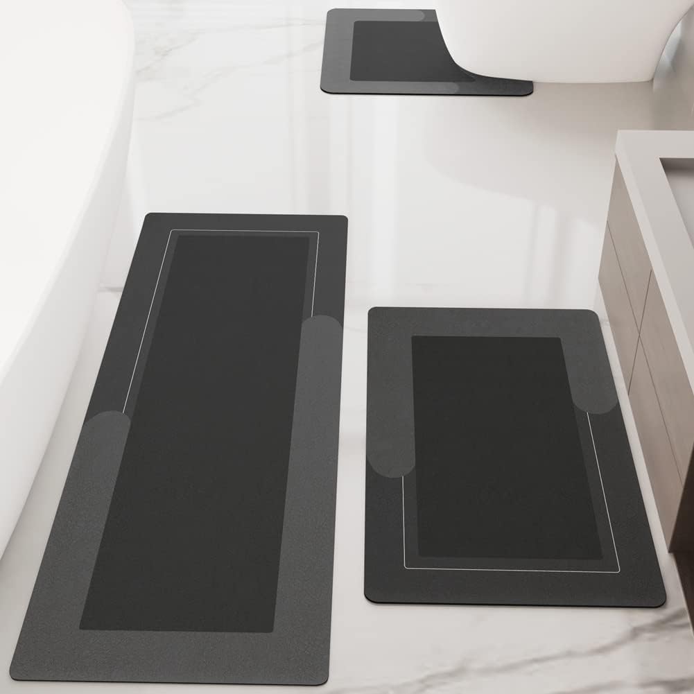 HelloTree 3PCS Bath Mat Rug Rubber Non Slip Quick Dry Rug Sets Super Absorbent Thin Bathroom Rugs Fit Under Door Dark Grey Washable Bathroom Floor Mats for in Front of Bathtub, Shower Room, Sink