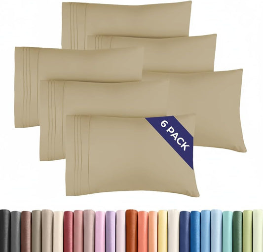 King Pillow Cases Set of 6 - Ultra Soft Hotel Quality Pillowcase Covers - Comfy & Wrinkle Free - Shrink, Stain and Fade Resistant - Easy-Care, Machine Washable Pillow Protectors - 6 Piece Set - Beige