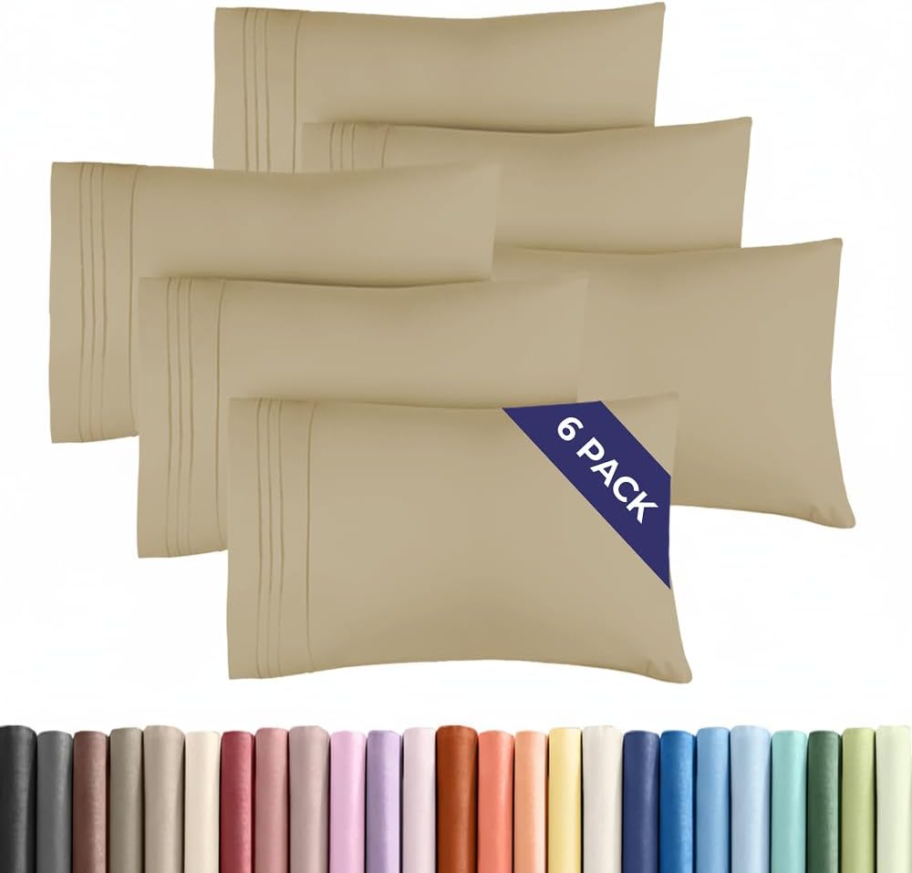 Queen Pillow Cases Set of 6 - Ultra Soft Hotel Quality Pillowcase Covers - Comfy & Wrinkle Free - Shrink, Stain and Fade Resistant - Easy-Care, Machine Washable Pillow Protectors - 6 Pcs Set - Beige