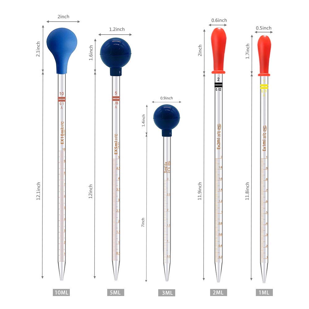 5PCS Thick Glass Graduated Dropper Pipettes Fluid and Liquid Pipettors 1ml 2ml 5ml 10ml 2PCS for Each with Caps and 2PCS Washing Brushes (33cm-13inch)