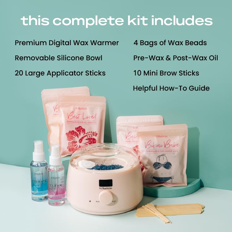 KoluaWax Premium Waxing Kit for Women - Hot Melt Wax Warmer for Hair Removal, Eyebrow, Bikini, Legs, Face, Brazilian & More - Machine + 4-Pack Hard Wax Beads + Accessories, Blush