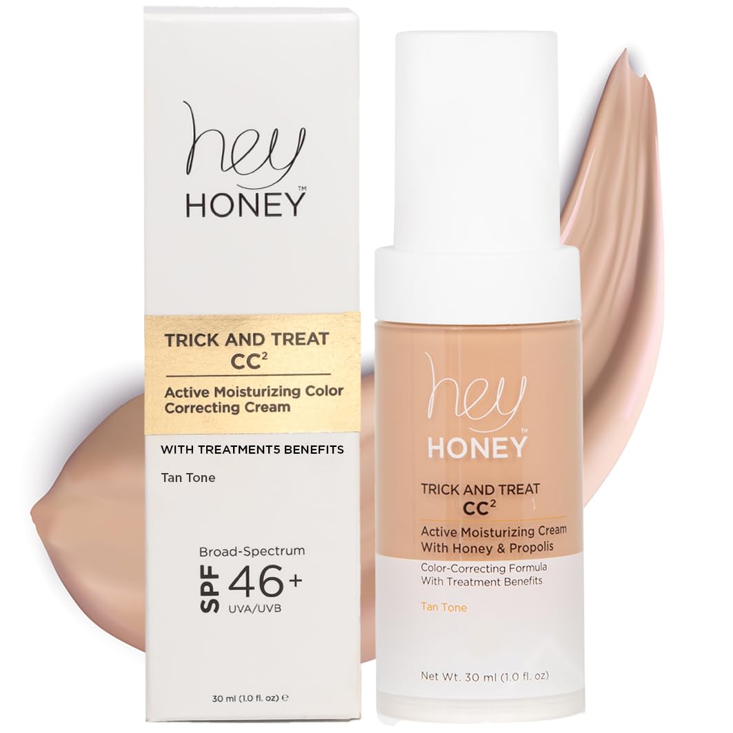 Hey Honey Trick and Treat CC² Cream SPF 46 | Active Moisturizing Color Correcting Cream with Honey & Propolis | Best Cover For Rosacea, Skin Redness & Mature Skin | 1 oz (Tan Tone)