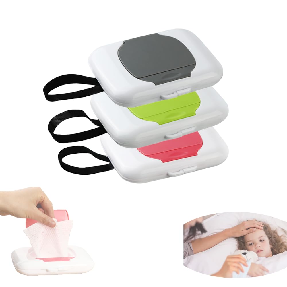 Travel Wipe Holder，Wipes Container,Wet Wipe Container Box for Strollers，Hanging Refillable Wipes Dispenser Portable Baby Wipe Case for Indoor Outdoor Use (Green+Red+Grey 3pcs)