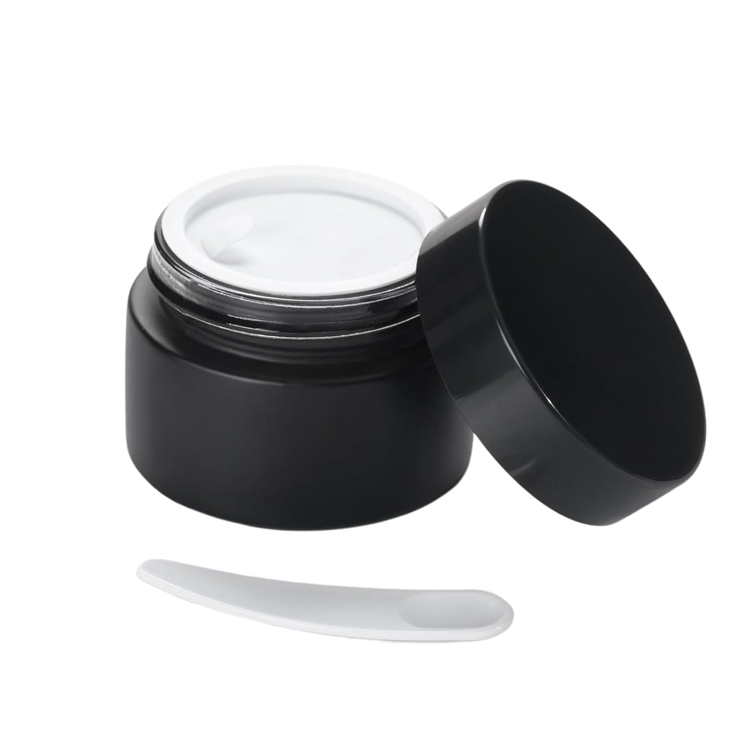 OverNews 1oz Small Glass Jar, Empty Cosmetic Lotion Containers,with Inner Liners,Black Lid, Spatula (Black)