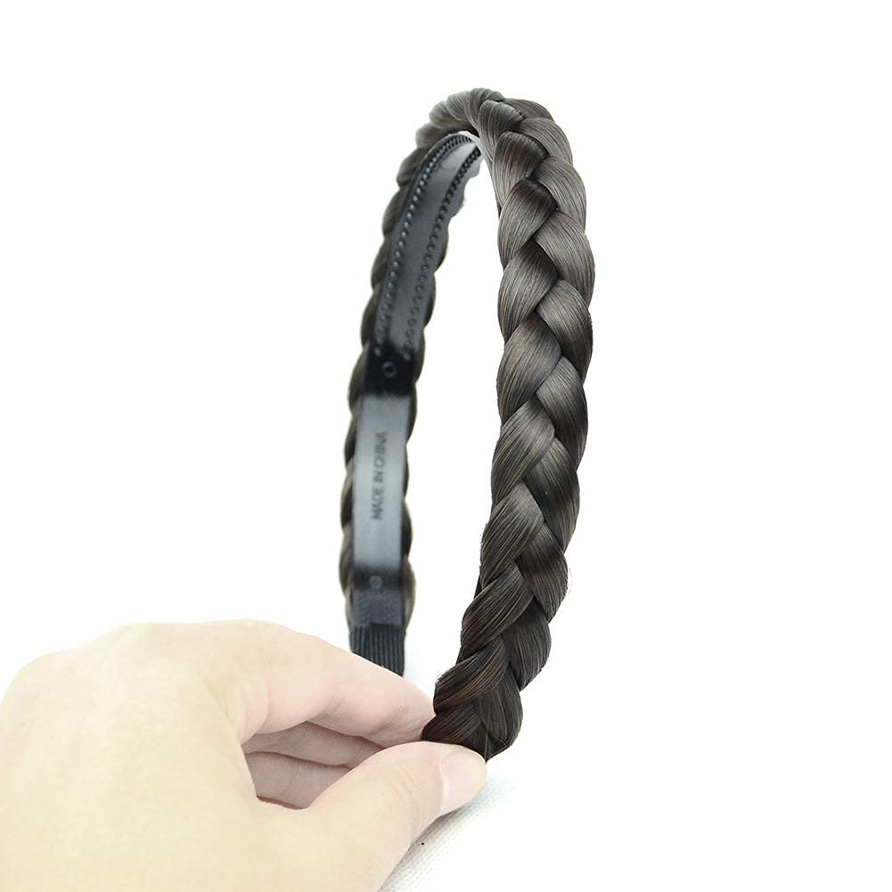 DIGUAN Width 0.6 inches Narrow Synthetic Hair Plaited Headband Braid With Teeth Hair Band Accessories for Women Girl (Dark Brown)