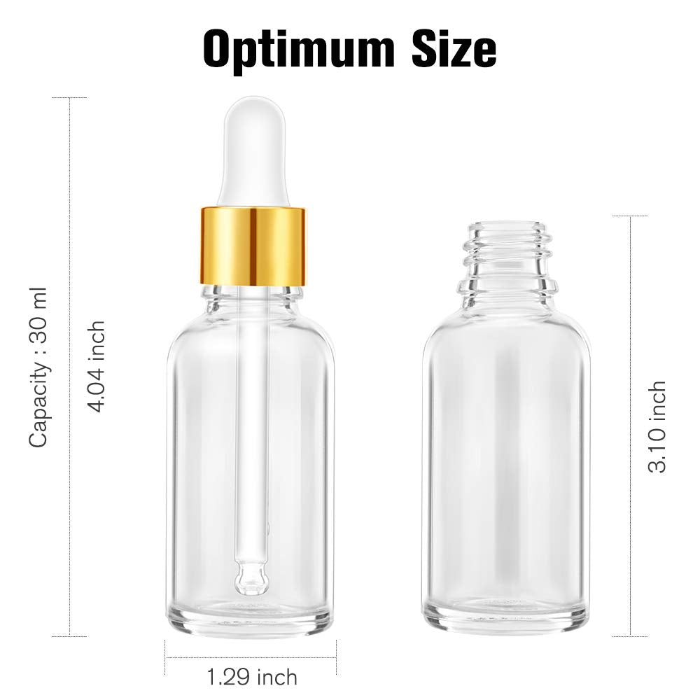 PrettyCare Glass Eye Dropper Bottles 24 Pack, 1oz (30ml) Clear Empty Thick Bottles Bulk with Leakproof Golden Caps - With Labels & Funnels for Storage, Travel, Essential Oils, Cuticle Oils, Tinctures