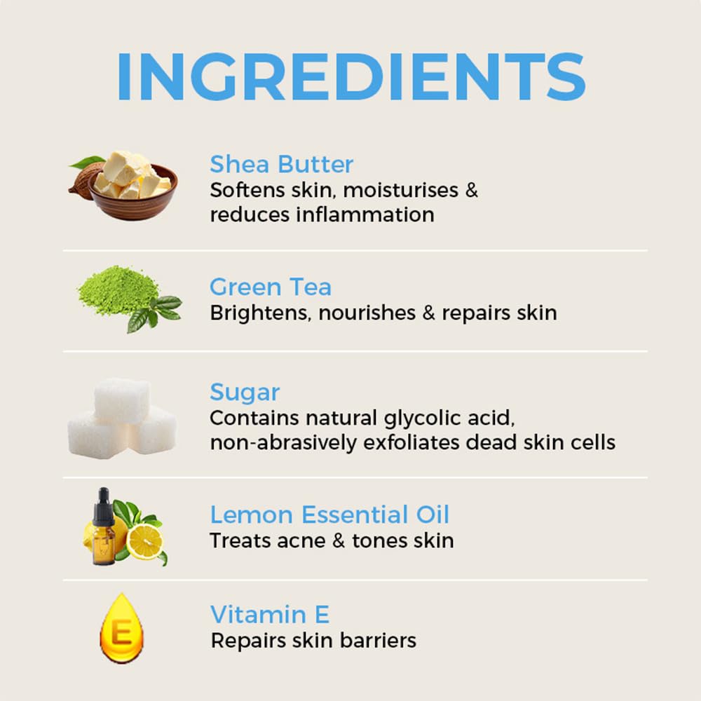 Leal Tropical Exfoliating Body Sugar Scrub, Green Tea Lemon Sugar Face Scrub, Face Polish, Tan Sugar Scrub, Whipped Foaming Vegan Scrub, Sulfate free, Whipped soap scrub dead skin-200 g