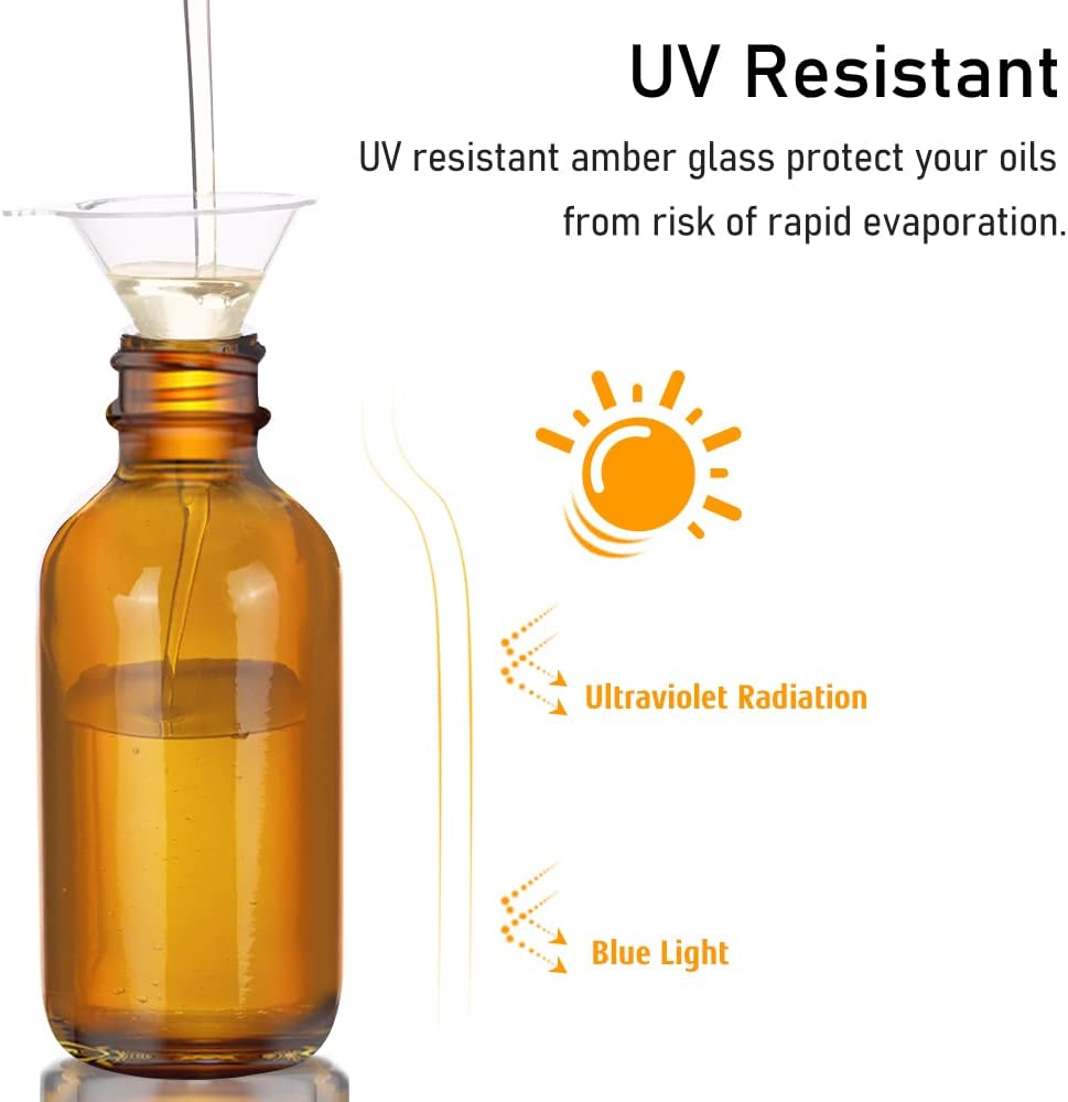 Bumobum Dropper Bottles 4oz, Amber Glass Bottles with Dropper for Essential Oils with Labels and Funnels, 2 Pcs Tincture Bottles with Golden Top (Unbreakable Plastic Eye Dropper with Measurements)