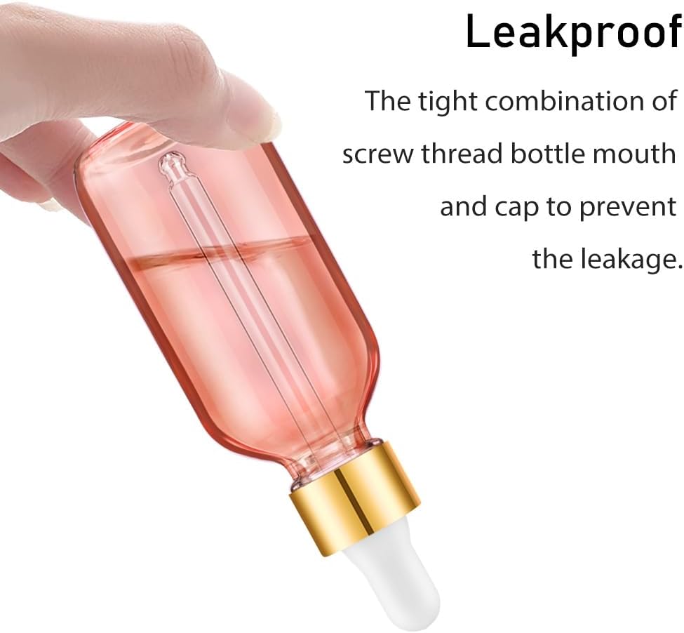 Bumobum 2 oz Dropper Bottle, 24 Pack Pink Glass Eye Dropper Bottles with Golden Top Cap for Essential Oils, Tincture Bottle with Labels and Funnel