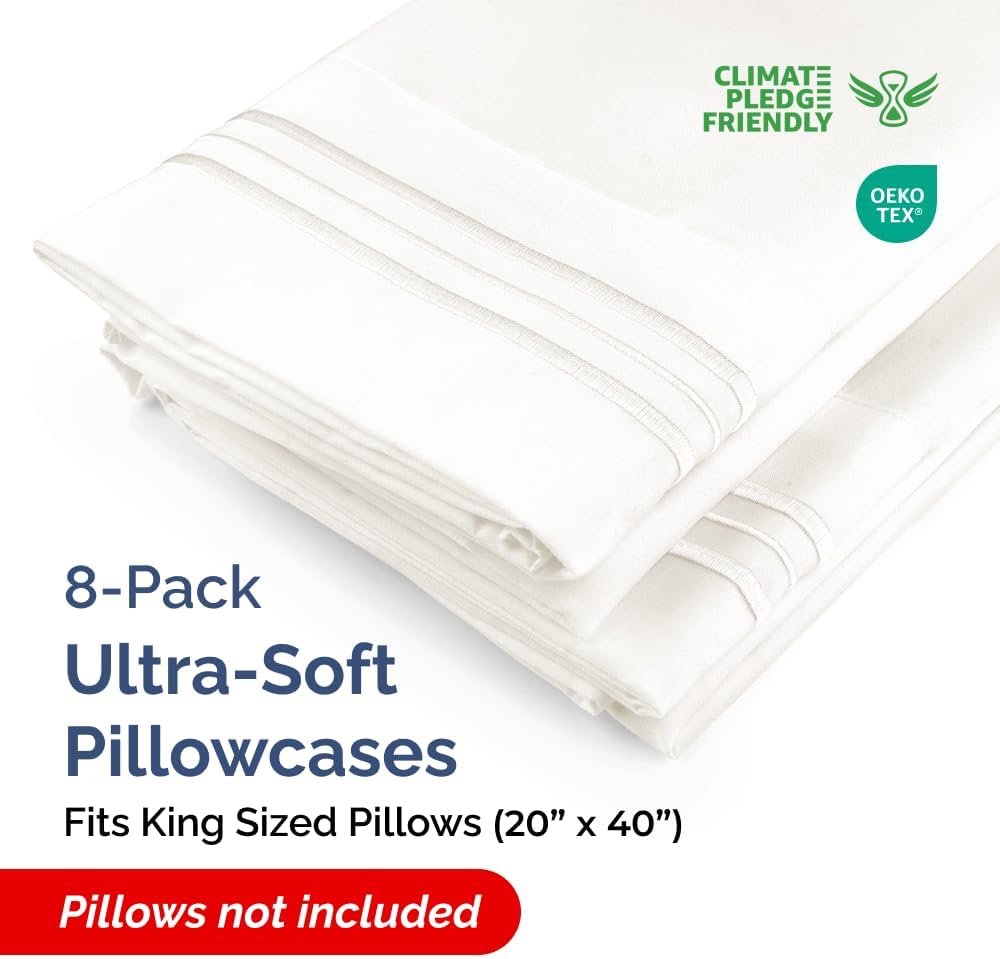 King Pillow Cases Set of 8 - Ultra Soft Hotel Quality Pillowcase Covers - Comfy, Cozy & Wrinkle Free - Shrink, Stain & Fade Resistant - Machine Washable Pillow Protectors - 8 Piece Set - Antique White