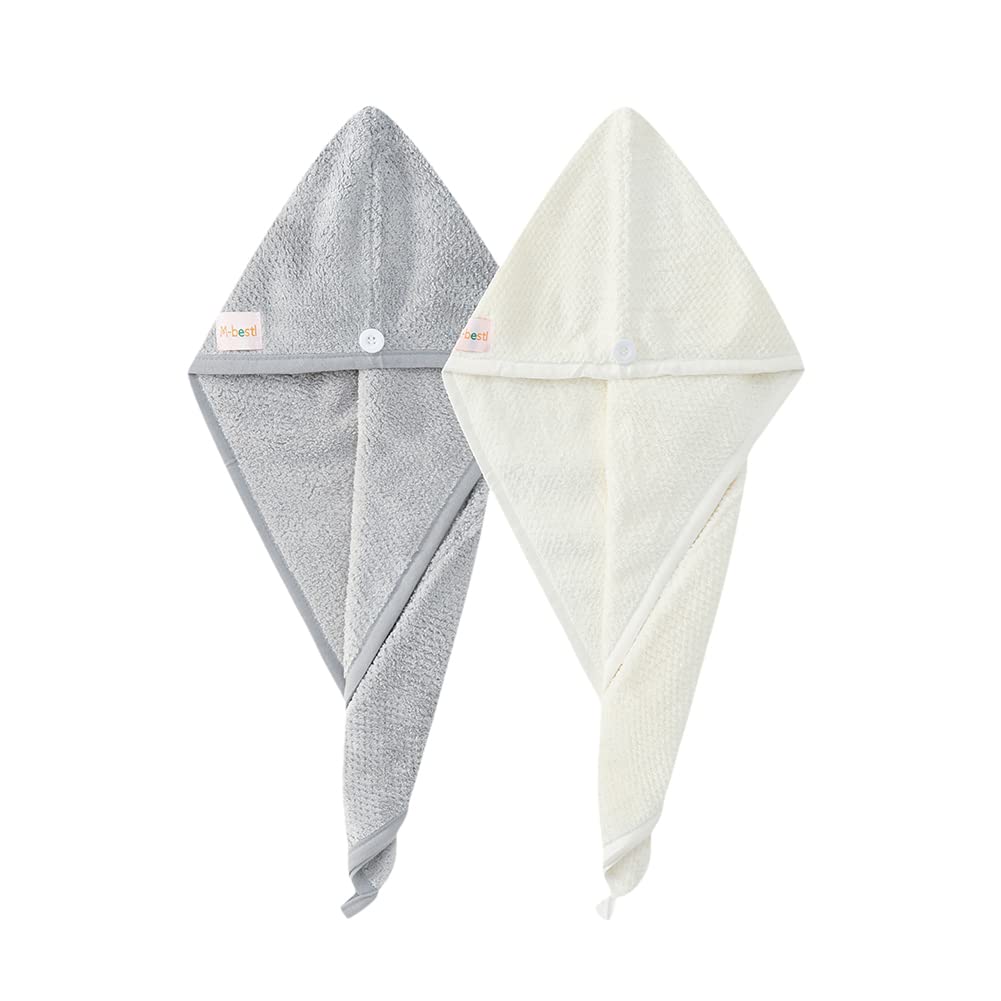 2 Pack Hair Towel Wrap,Absobent Hair Drying Towel with Buttons, Microfiber Hair Towel Wrap to Dry Hair Quickly (Beige&Gray)