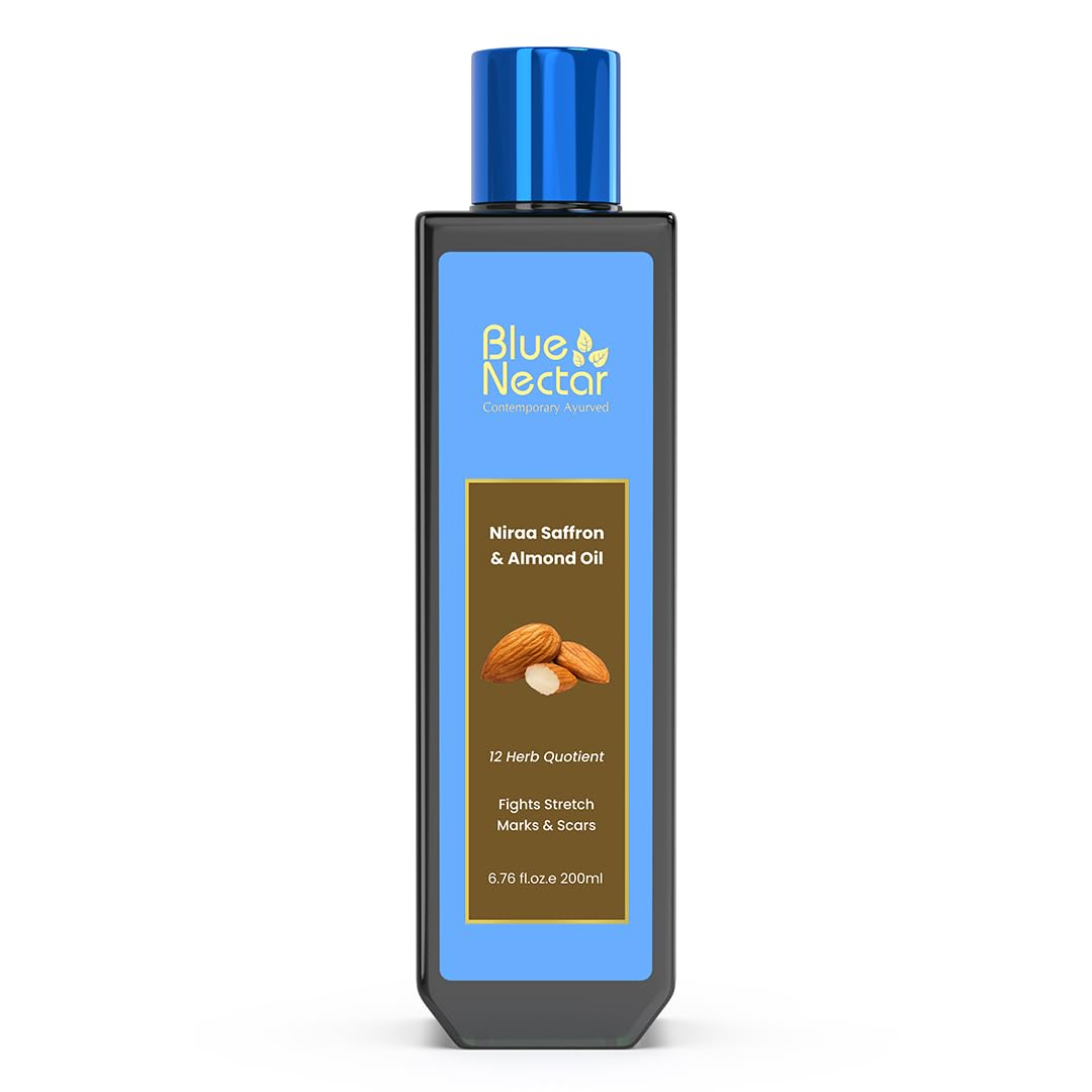 Blue Nectar Saffron & Almond Oil, Ayurveda Product for Crepey Skin | Skin Firming Body Oil for Stretch Marks (12 Herbs, 6.76 Fl Oz)