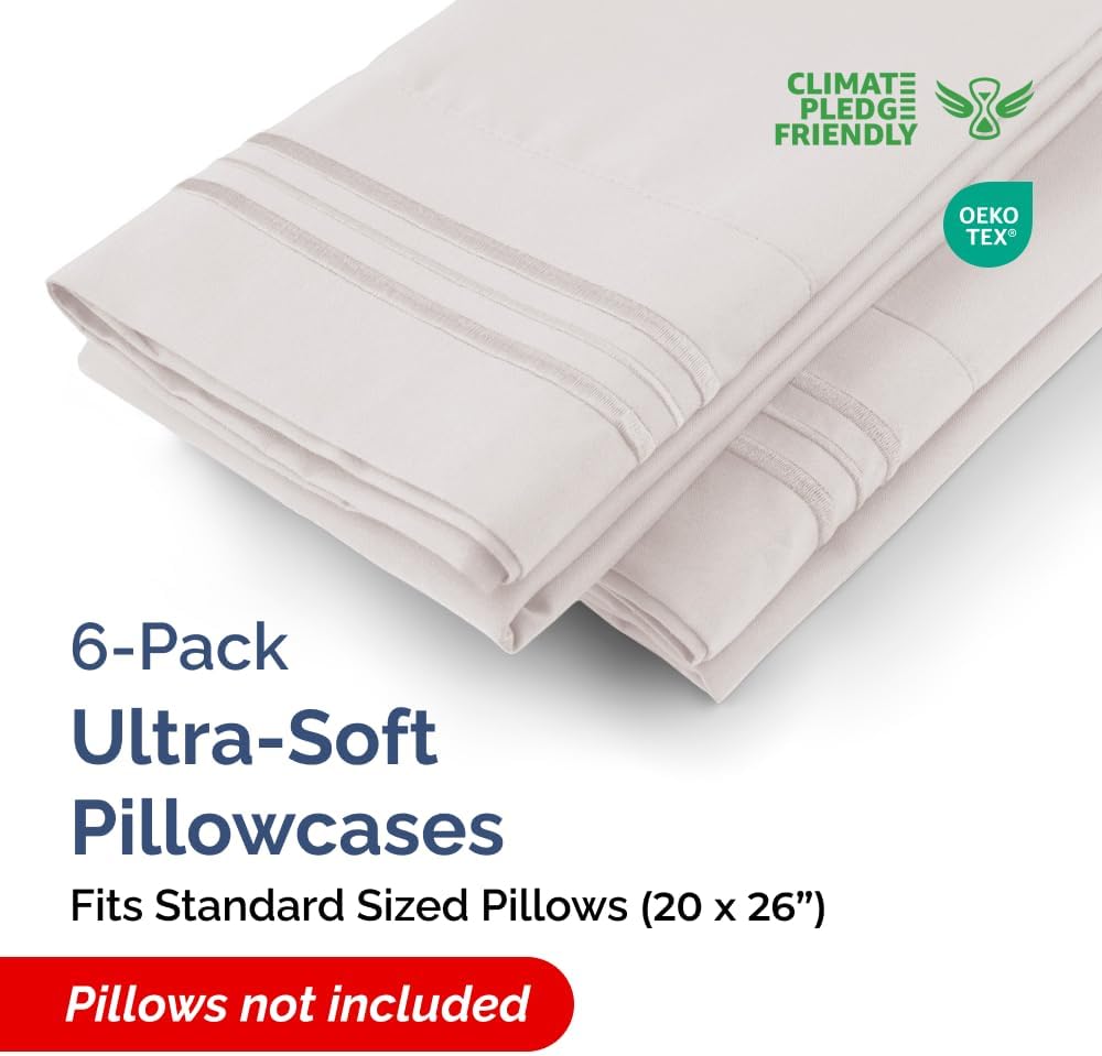 Standard Pillow Cases Set of 6 - Ultra Soft Hotel Quality Pillowcase Covers - Comfy & Wrinkle Free - Shrink, Stain and Fade Resistant - Machine Washable Pillow Protectors - 6 Piece Set - Light Grey