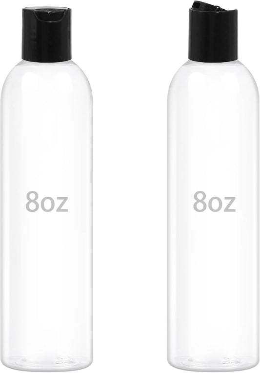 2 Pack 8 oz Plastic Squeeze Bottles with Black Disc Caps Refillable Clear Empty Containers Travel Bottles for Toiletries Conditioner Shampoo Lotions Gels