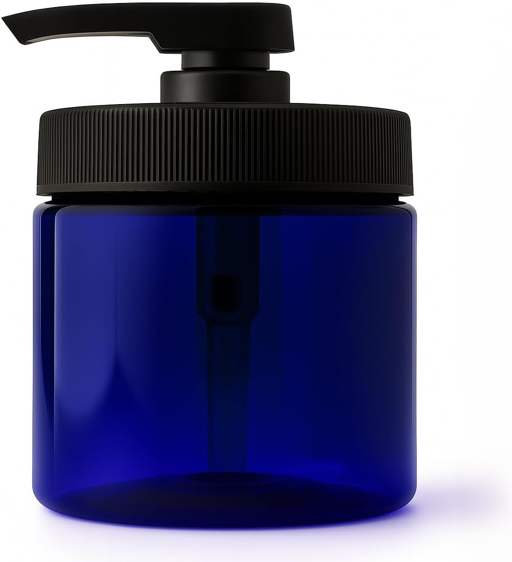 Royal Massage 16oz Refillable Pump Jar with Locking Dip Tube Dispenser – BPA-Free Plastic Container for Massage Oils, Lotions, Creams – Ribbed Lid Wide-Mouth Jar – Durable & Reusable (Blue/Black, 2)