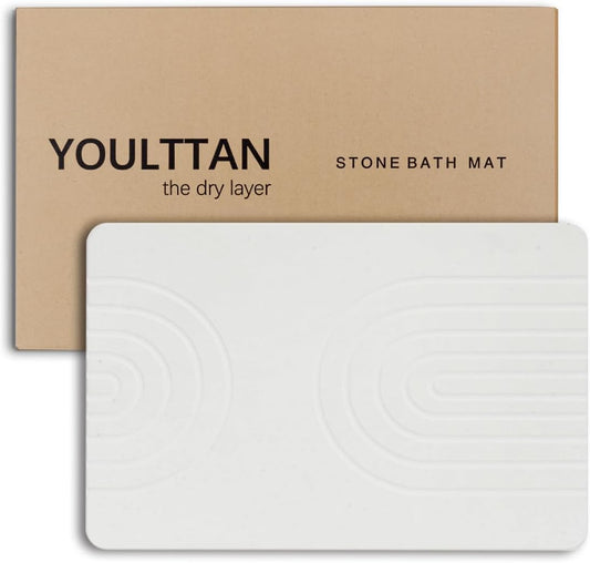 Stone Bath Mat 24"x16" - Diatomaceous Earth Shower Mat, Quick Dry, Anti-Slip, Modern Design with Bonus Non-Slip Pad - Perfect for Home Safety and Style, White,Semicircle