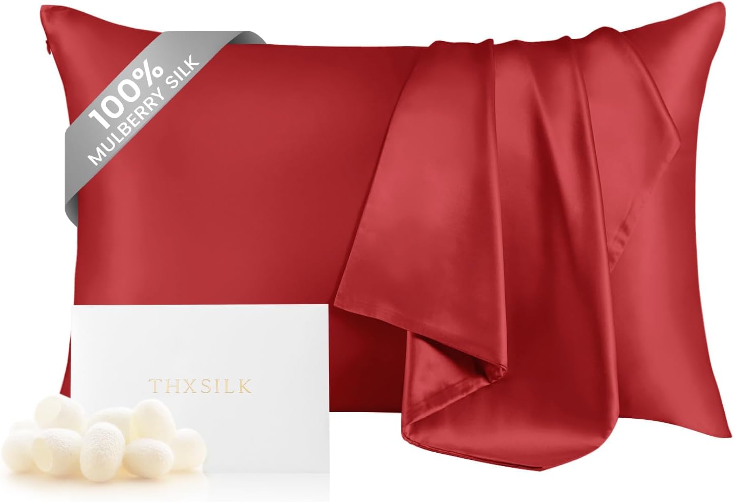 THXSILK 100% Silk Pillowcase for Hair and Skin, Both Sides Grade 6A+ Natural Mulberry Silk Pillow Case with Hidden Zipper, Soft and Smooth Red Pillowcase(1pc, Queen Size 20"x30")