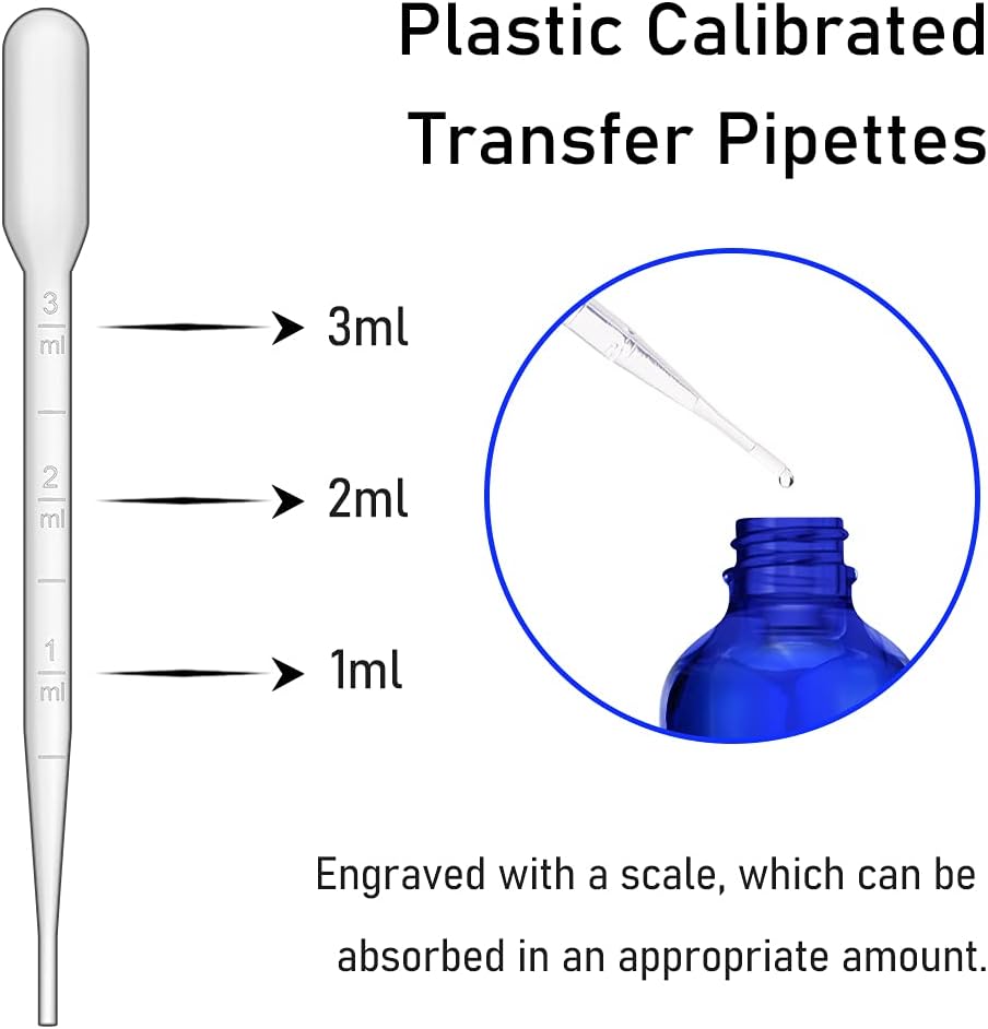Bumobum 6 pack, 4oz Glass Dropper Bottle, Blue Glass Eye Dropper Bottle for Essential Oils with Funnel, Labels & Pipette (Unbreakable Plastic Measurements)